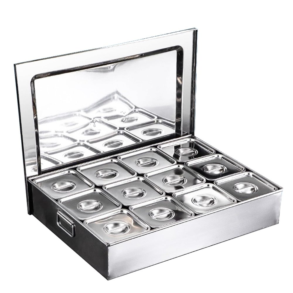 XAWSOP Commercial Spice Racks Set, 6/8/9/12 Grids Stainless Steel Salt Sugar Condiment Storage Organizer Box For Kitchen Topping Station, Seasoning Fruit Containe,Silver-A-67x50x12cm