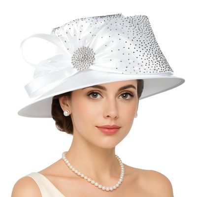 VECRY Womens Church Baptism Wedding Hat Wide Brim Crystal Tea Party Derby Dress Hats (White)