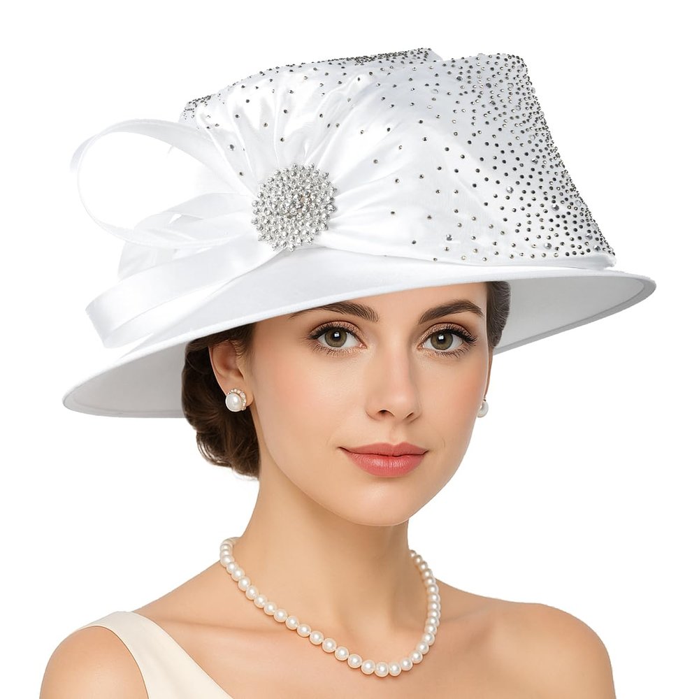 VECRY Womens Church Baptism Wedding Hat Wide Brim Crystal Tea Party Derby Dress Hats (White)