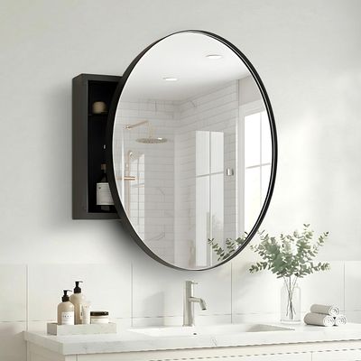 HOUSE REFLECTION 28 Inch Round Medicine Cabinets for Bathroom Metal Frame, Adjustable Glass Shelves, HD Distortion Free Mirror Glass, Rust Resistant & Moisture-Proof, Mirrored Cabinet Door,Black
