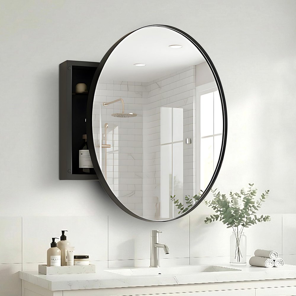 HOUSE REFLECTION 28 Inch Round Medicine Cabinets for Bathroom Metal Frame, Adjustable Glass Shelves, HD Distortion Free Mirror Glass, Rust Resistant & Moisture-Proof, Mirrored Cabinet Door,Black