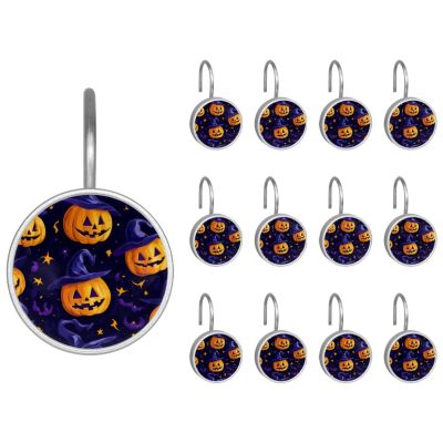 Set of 12 Seamless Pattern of Halloween Shower Curtain Hooks, Stainless Steel Rust-Resistant Decorative Hanger Rings