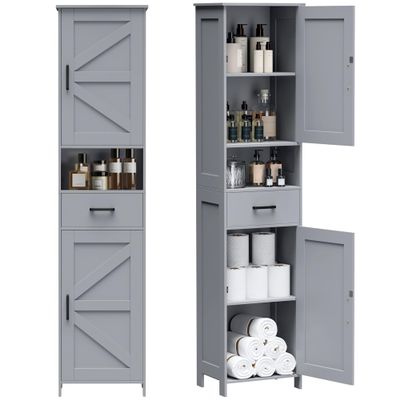 Homhedy 67" H Tall Bathroom Storage Cabinet with Barn Doors and Drawer