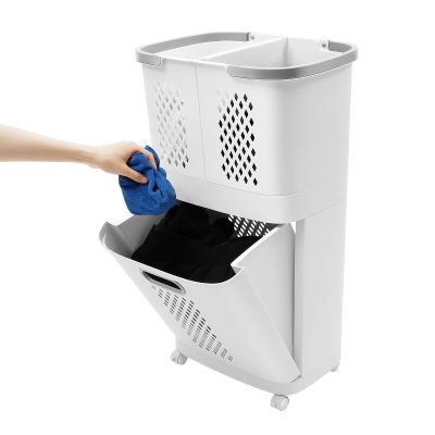 2-Tier Rolling Laundry Hamper Sorter with Handle and Wheels, Removable White Storage Cart with 3 Deep Baskets for Laundry Room, Bathroom, Kitchen, and Bedroom