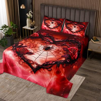 Erosebridal Red Gothic Quilt Set Twin Romantic Love Heart Rose Flower Bedspread Goth Spider Web Floral Coverlet Set for Kids Adults,Halloween Smoke Bedding Quilted