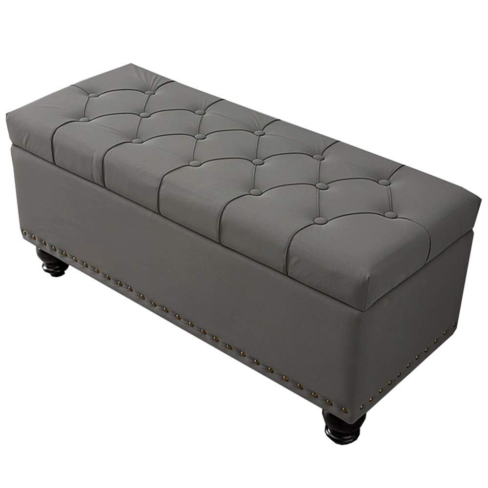 Folding Storage 100X40X45Cm Household Shoe Changing Stool Tufted Top Large Storage Space Multifunctional Footstool Artificial Leather Sturdy Solid Wood Feet 150Kg,Grey,Size