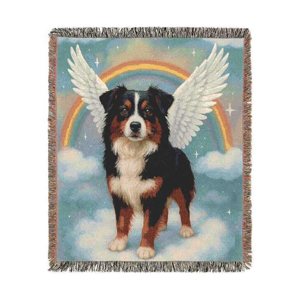 Woven Blanket, Tricolor Australian Shepherd, Angel in Memory of Dog, Rainbow Bridge Memorial Gift, Throw Blanket, Pet Lover
