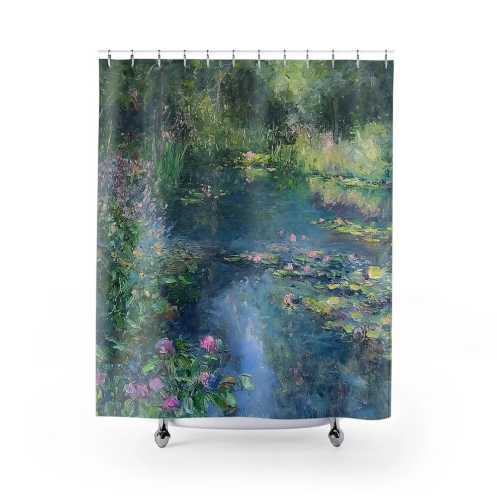 AZEJEB Quiet Monet Shower Curtain Tranquil Garden Pond Water Lily Art Elegant Impressionist Shower Curtain Bathroom Decor 213x175cm/84x69in(WxH)
