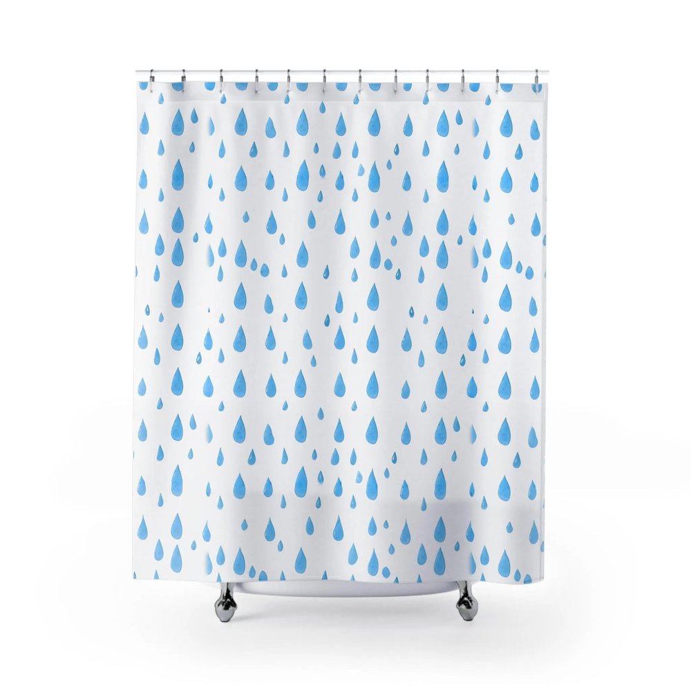 AZEJEB White Shower Curtain with Blue Raindrops,Cute Fabric Shower Curtain, Water-Inspired Design,Soft Cloth & Hotel Quality 175x210cm/69x83in(WxH)