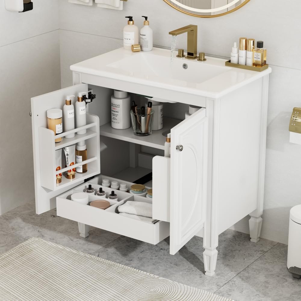 30" Bathroom Vanity with Sink, Two Doors with Shelf, Soft Close Door Hinges, Vintage Style, Black (30" Bathroom Vanity, White + Ceramic+MDF + Rubber Wood)