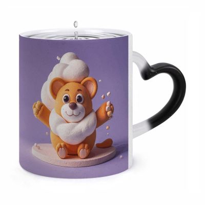 11 Oz Cute Animal Cotton Candy Ceramic Coffee Mug with Heart-Shaped Handle, Color Changing Coffee Mugs, Heat Sensitive & Dishwasher Safe, Funny Coffee Cups for Women Men for Latte Tea Milk