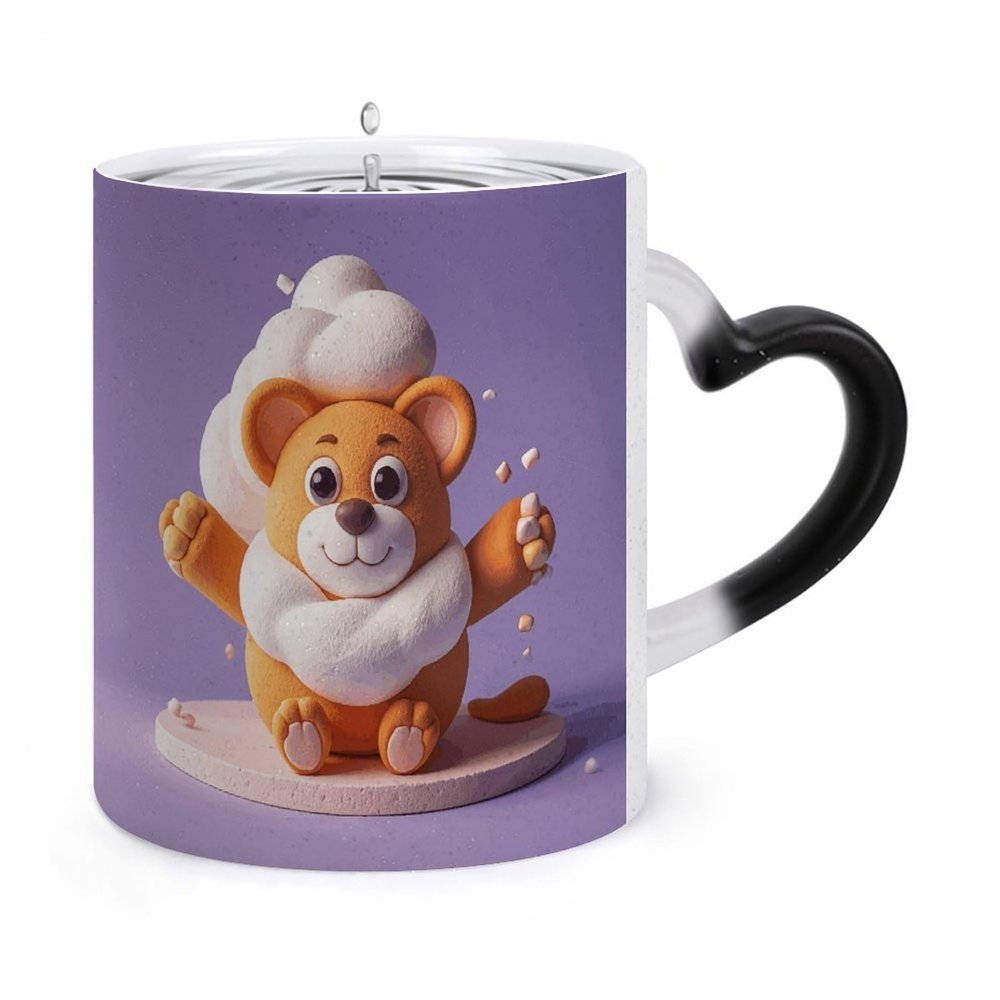 11 Oz Cute Animal Cotton Candy Ceramic Coffee Mug with Heart-Shaped Handle, Color Changing Coffee Mugs, Heat Sensitive & Dishwasher Safe, Funny Coffee Cups for Women Men for Latte Tea Milk