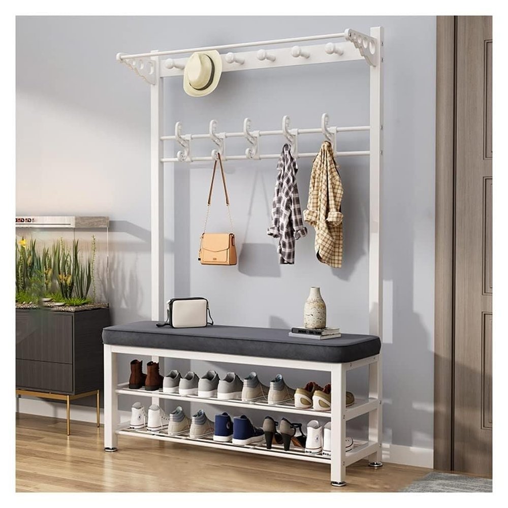 4-in-1 Coat Stand Entryway Rack with Shoe Bench, Metal Clothes Rail & Storage, Double Hooks, Easy Assembly, Black & Gray, 100x33x172cm(White+gray,100 * 33 * 172cm)