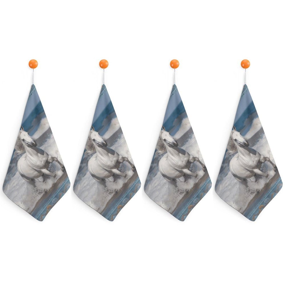 AJmores Quick Dry Small Towel White Horse Running on The Sea Small Towel with Lanyard Quick Drying Microfiber Cleaning Cloth Dish Rags
