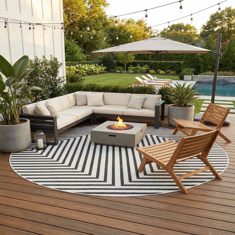 Rugs.com - Outdoor Modern Rug 13 Ft Round White and Black Indoor/Outdoor Rug Weather-Resistant Flatweave for Patio, Deck, and Porch