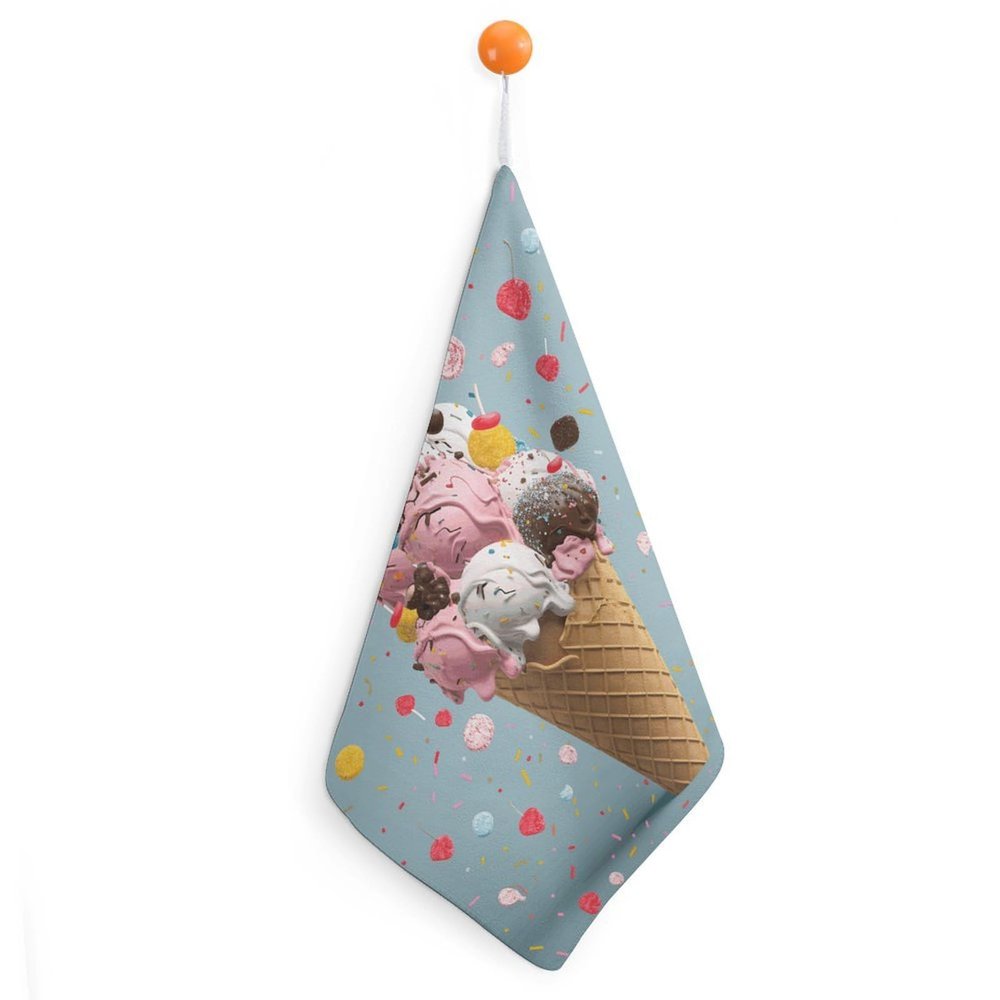 AJmores Quick Dry Small Towel Sweet Ice Cream Small Towel with Lanyard Quick Drying Microfiber Cleaning Cloth Dish Rags