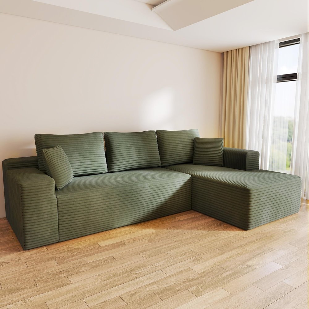 104" Cloud Modular Sectional Sofa with L-Shaped Left Chaise - Plush Corduroy Upholstery, Deep Seat, No Assembly Required | Modern 3-Seater for Living Room (Right Facing Chaise) Green