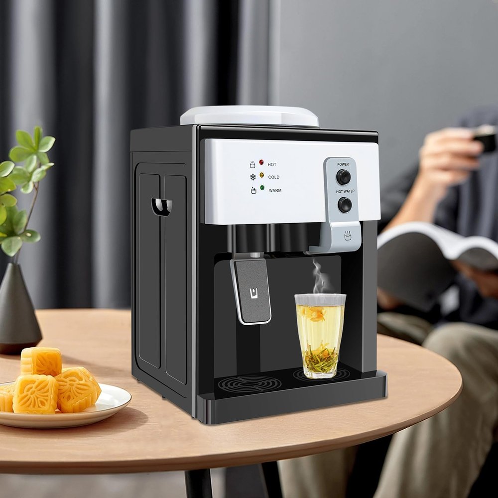 NIENIEE Water Dispenser, Top Loading Countertop Water Cooler & Heater, Holds 1.1-4.9 Gallon Bottles, Energy Efficient Cooling & Heating System, Removable Drip Tray for Easy Cleaning