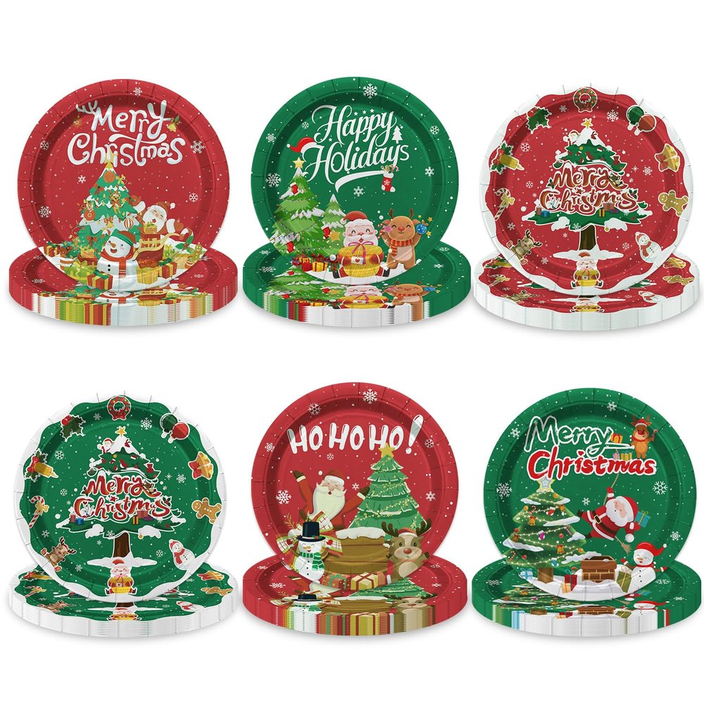 60Pcs Christmas Plates - 9" Disposable Paper Dinner Plates Santa Claus Snowman Decorations for Winter Holiday New Year Christmas Party Supplies