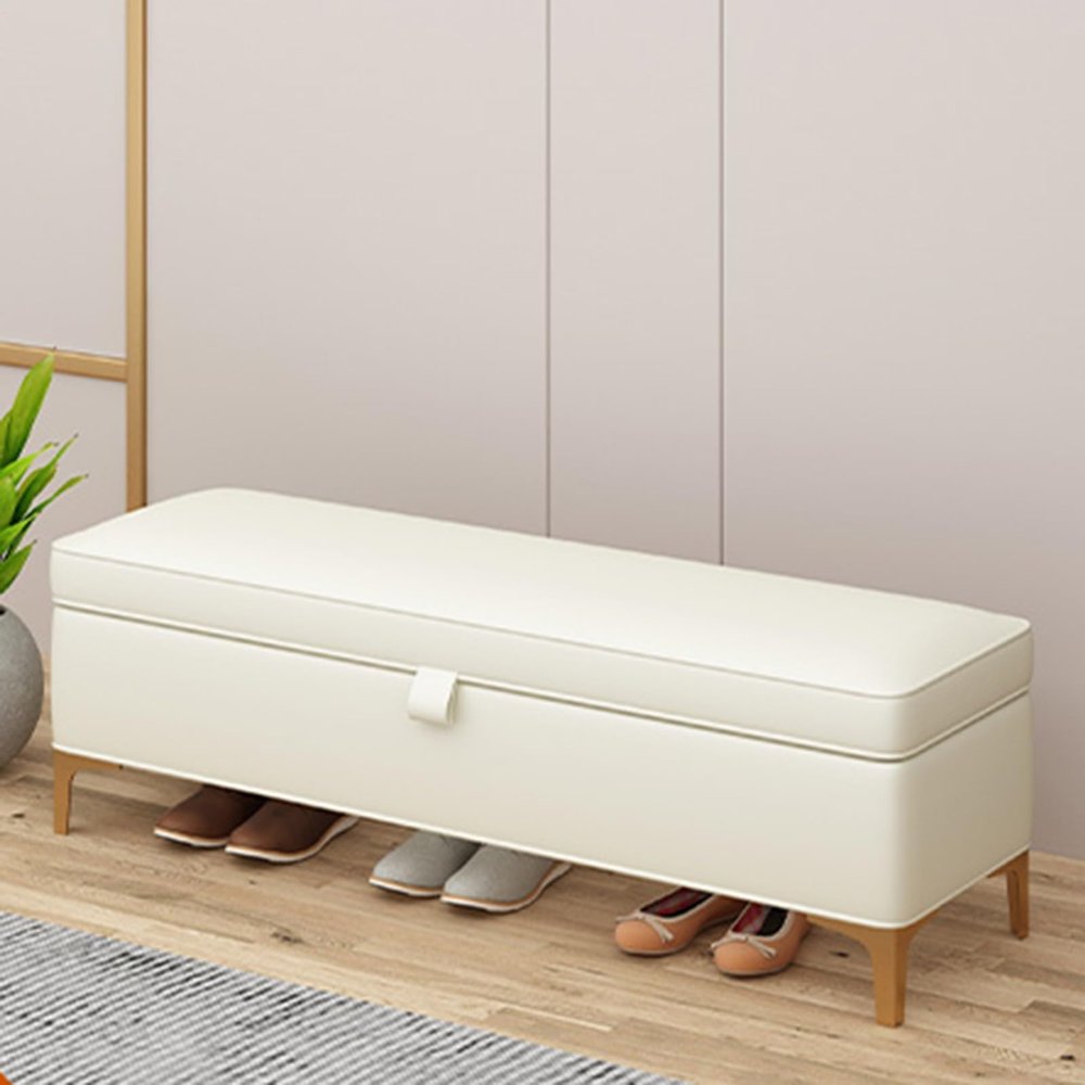 Modern Faux Leather upholstered storage bench with Large Storage Space for Rectangular Accent Bench Rectangular Leather Bench Modern End of Bed Storage bench with Safety Hinge Metal Legs(White,150*40*