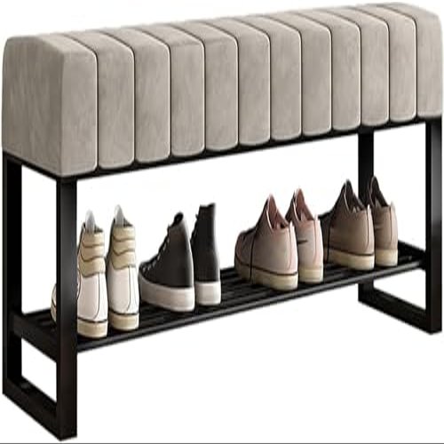 Entryway Hallway Storage Shoe CabinetUpholstered Entryway Shoe Bench with Storage, Bench for Bedroom End of Bed, 2 Tier Black Metal Shoe Rack for Closet Hallway Doorway Living Room Mudroom