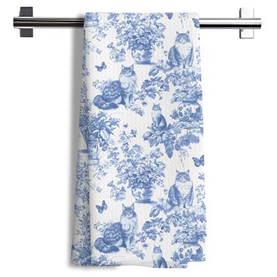Nipil Chinoiserie Floral Maine Coon Kitchen Towels,Blue and White Cat Decor Kitchen Dish Tea Towels Bathroom Gifts for cat Lovers Women Men,16x24 Inch