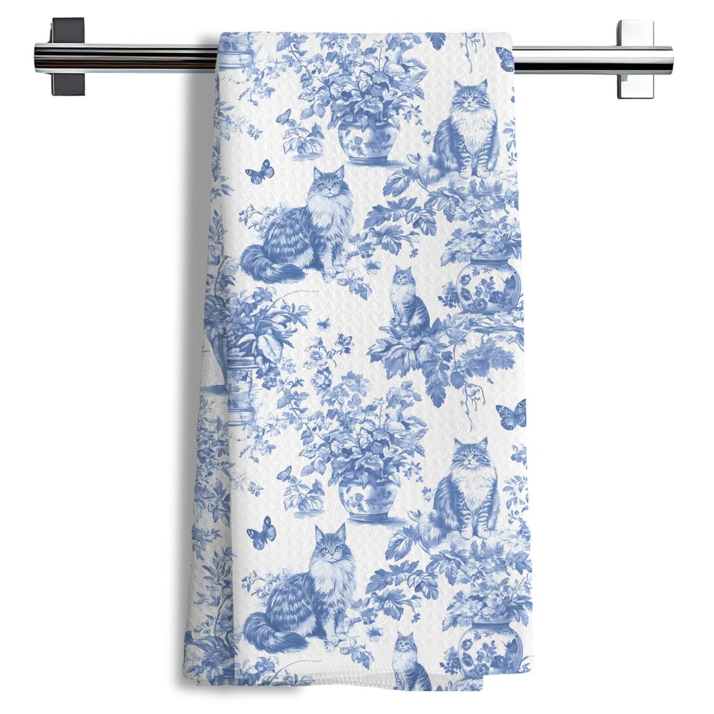 Nipil Chinoiserie Floral Maine Coon Kitchen Towels,Blue and White Cat Decor Kitchen Dish Tea Towels Bathroom Gifts for cat Lovers Women Men,16x24 Inch