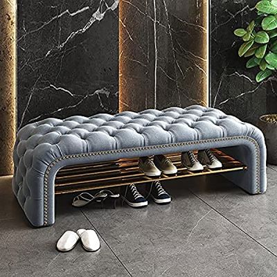 Freestanding Multi-Layer Space Saving Storage Large-Capacity Dustproof Shoe Storage CabinetModern Velvet Shoe Storage Bench Seat with Shoe Rack and Cabinet Button Entry Bench for Bed End Co