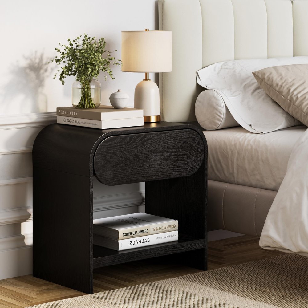 Nathan James Iris Mid-Century Modern Nightstand with Drawer, End Table with Storage for Bedroom or Living Room with Rounded Silhouette, Black Oak