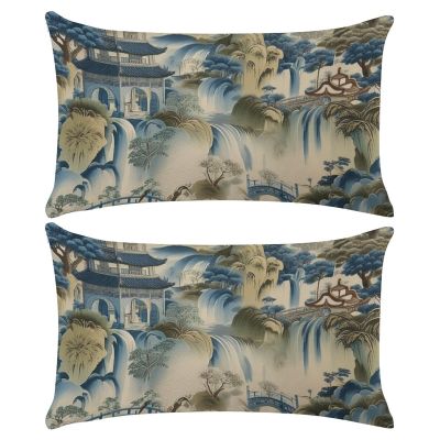 2 Pack Personalized Throw Pillow Cases 12x20 Inch Made in USA Chinoiserie Toile Lumbar Cushion Cases Blue Toile Dynasty Green Chinoiserie Gifts Bedroom Indoor Farmhouse Decorations Housewarming Gifts