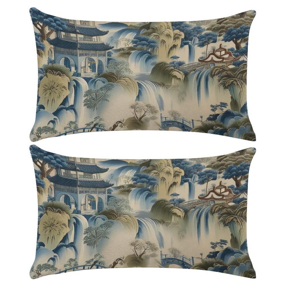 2 Pack Personalized Throw Pillow Cases 12x20 Inch Made in USA Chinoiserie Toile Lumbar Cushion Cases Blue Toile Dynasty Green Chinoiserie Gifts Bedroom Indoor Farmhouse Decorations Housewarming Gifts