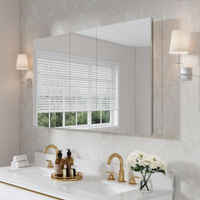 WELLFOR 52" x 30" Rectangle Medicine Cabinet Mirror, Surface Mount or Recessed Medicine Cabinet with Tempered Mirror, Anodized Chrome Aluminum Frame, Bathroom Mirror with Storage