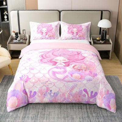 100% Cotton Mermaid Full Duvet Cover Set Ocean Nautical Sea Animal Bedding Set Pink Purple Fish Scale Comforter Cover,Colorful Sea Pearl Shell Coral Bed Set for Kids Girls Bedroom Decoration