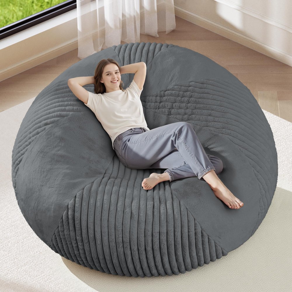 4FT Bean Bag Chairs Teardrop Bean Bag Chairs for Adults Beanbag Chair with Memory Foam Filled Soft Plush Leaf alongside Stripe Faux Fur Washable Cover for Dorm, Bedroom(Plush DGY)