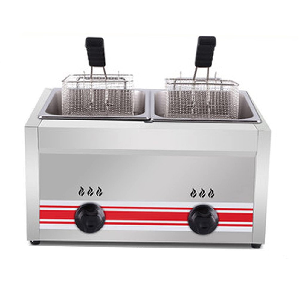 Gas Fryer Commercial Fryers Commercial Countertop Gas Fryer Stainless Steel Independent Temperature Control Even Heating with Basket/Splashproof Lid Fryer,Double Cylinder
