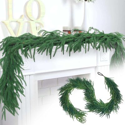 9 Ft 2 Pcs Artificial Norfolk Pine Garlands, Realistic Pine Garland, Green Artificial Greenery Garland for Table, Mantle, Wall, Indoor, Outdoor Winter Christmas Decorations (4pcs, 6Ft)