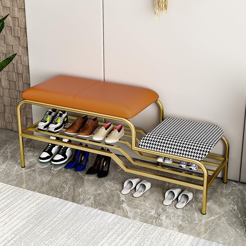2-Tier Shoe Rack Entryway Bench with Cushioned Leather Seat, Space-Saving Design  Stylish Metal Frame Storage Bench(80x45x32cm/31.5x17.7x12.6in)