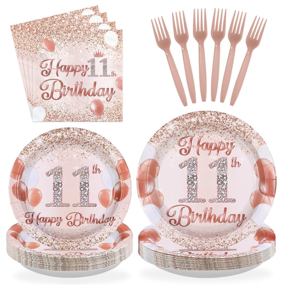 Grencian 96Pcs Rose Gold 11th Birthday Party Decorations, Serve 24