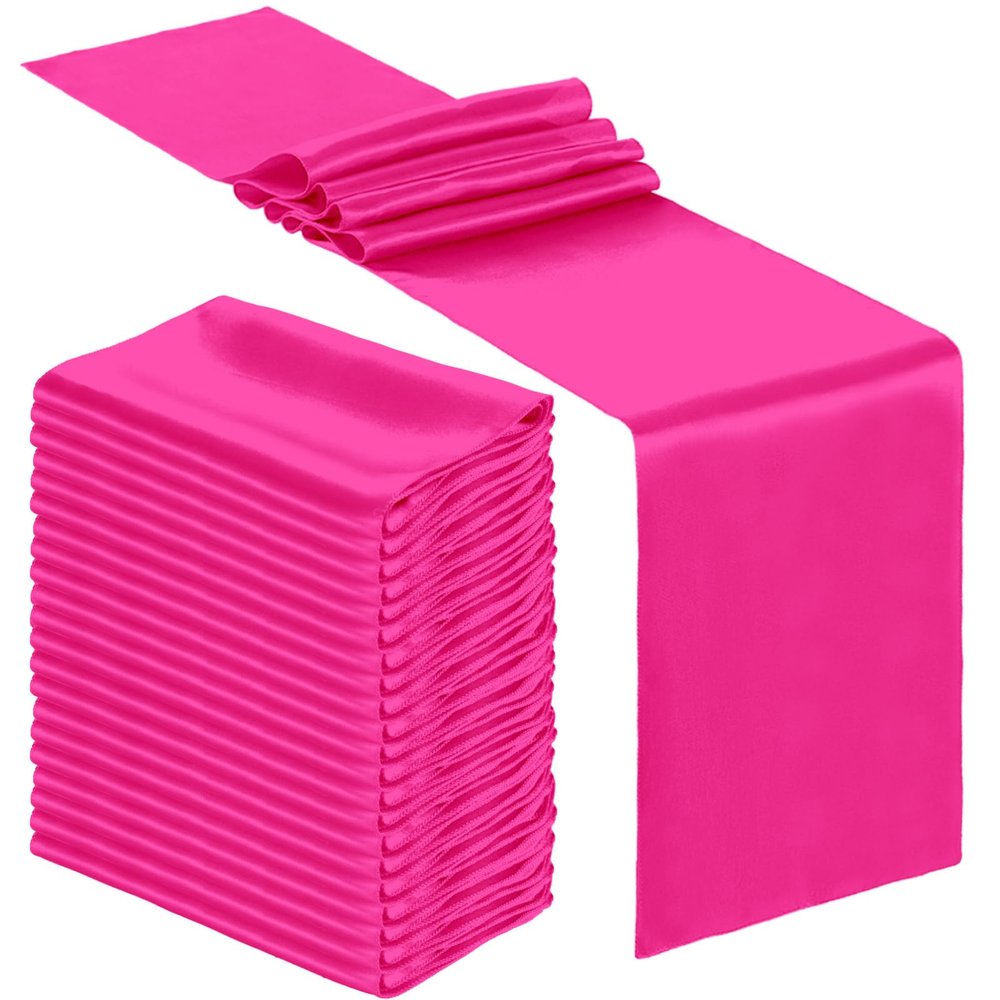 Bencailor 24 Pcs Hot Pink Satin Table Runner Bulk 12 x 108 Inch Long Table Runners Bright Smooth Fabric Tablecloth for Wedding Banquet Birthday 4th of July Patriotic Summer Party Decorations