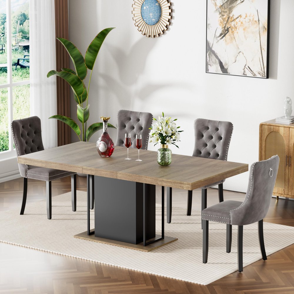 5-Piece Extendable Dining Table Set for 4,Modern 63''-79'' Expandable Kitchen Table with 4 Velvet Chairs, Thickened Wooden Table Dining Room, Kitchen, Office