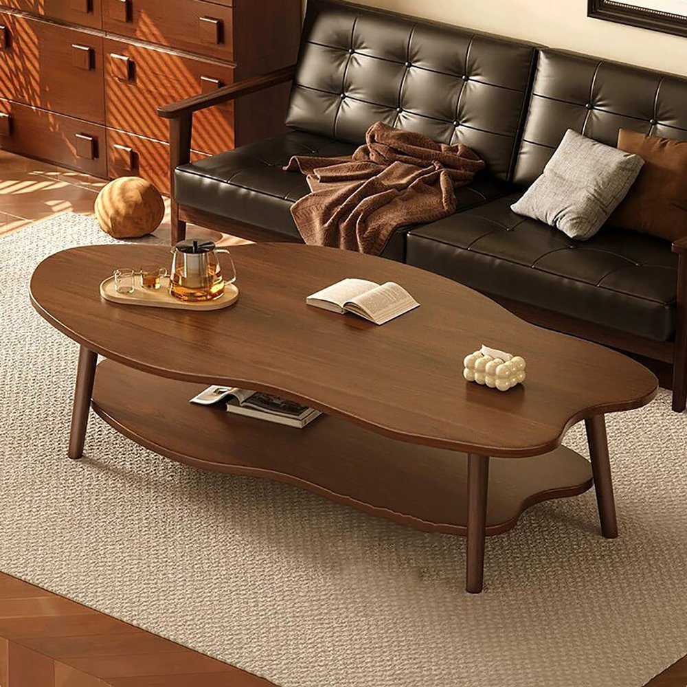 SUZEPER 2 Tier Cloud Shape Wooden Coffee Table,Modern Irregular Center Table with Storage,Simple End Tables with Sturdy Legs for Livingroom Bedroom(39.3" W x 19.6" D x 19.6" H, Walnut)