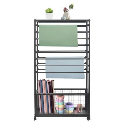 16-Tier Double-Sided Ribbon Holder Organizer Rack with Storage Basket & Wheels, Multifunctional Flower Wrapping Paper Display Stand for Craft Rooms, Flower Shops (Black, 31.5''W x 12.6''D x 59.06''H)
