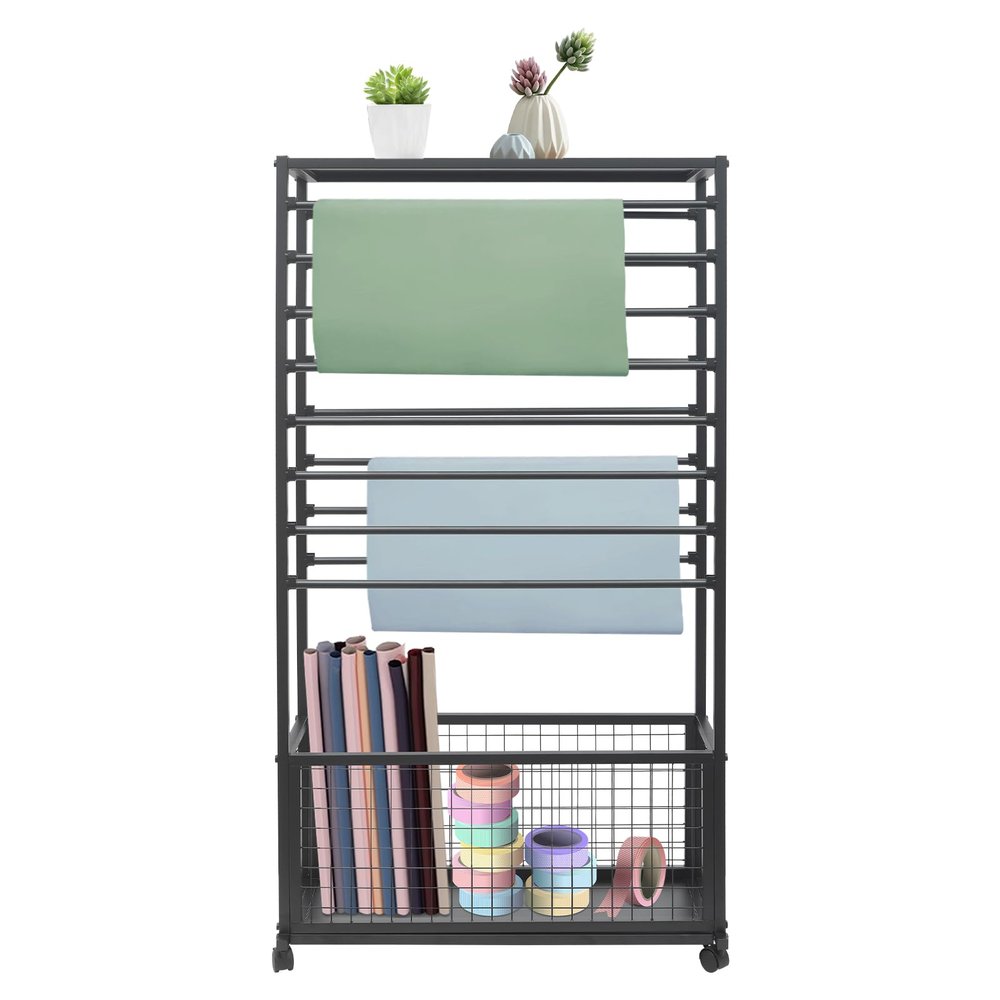 16-Tier Double-Sided Ribbon Holder Organizer Rack with Storage Basket & Wheels, Multifunctional Flower Wrapping Paper Display Stand for Craft Rooms, Flower Shops (Black, 31.5''W x 12.6''D x 59.06''H)