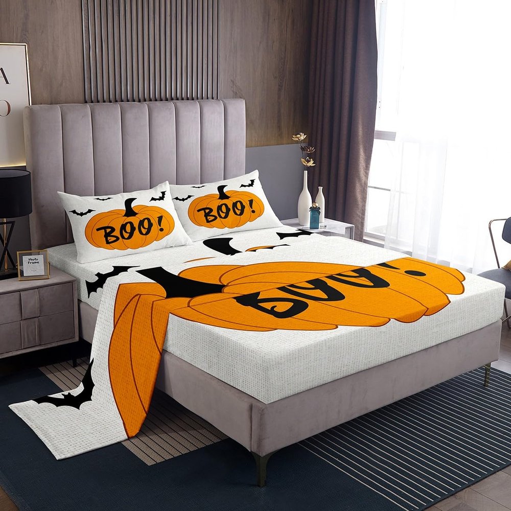 meiyoeat Pumpkin Lantern Bed Sheets Set Full Size Bat Bed Set for Kids Boys Girls Halloween Deep Pocket Fitted Sheet Breathable Soft Lightweight Microfiber