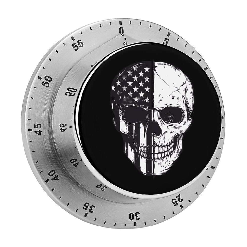 Am-erican Flag Skull Skeleton Kitchen Timer 60 Minute Wind Up Magnetic Timer for Cooking Baking