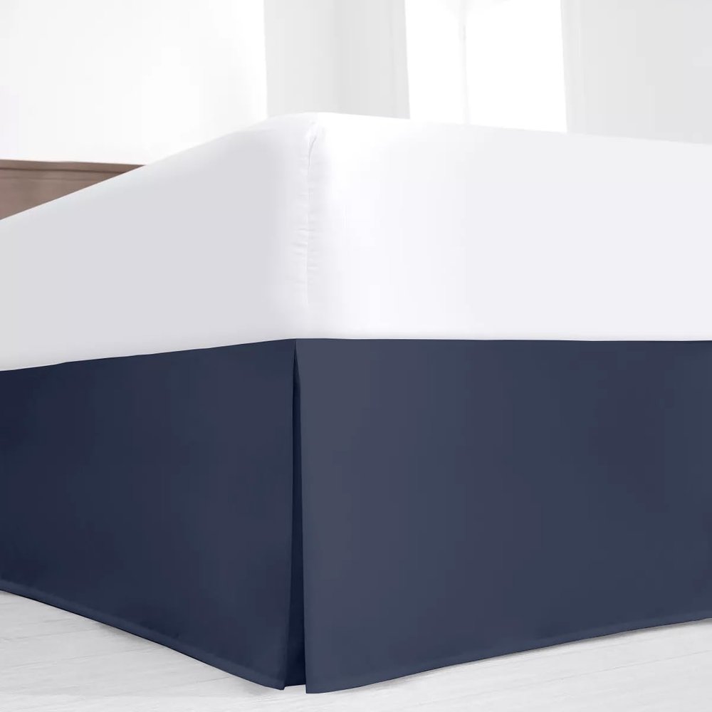 Luxury Cal King Bed Skirt 18 Inch Tailored Drop Soft Quadruple Pleated Ruffle 100% Supima Cotton 600TC Easy Fit Dust Ruffle Hotel Quality Navy Blue