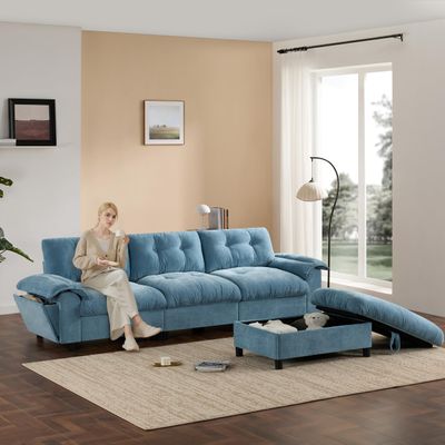 104 * 60" Modern Sectional Sofa with Movable Storage Ottoman, Chenille L-Shape Sofa with Multifunctional Armrest, Cup Holder, Side Storage Pockets, Unique Tufted Design, Soft Cushion (Light Blue-20F)