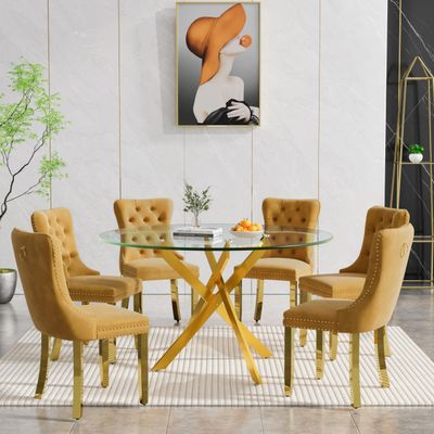 47.25inch Round Glass Dining Table Set for 6,7-Piece Modern Kitchen Table Set with Gold Metal Legs and 6 Soft Velvet Upholstered Chair for Kitchen Apartment