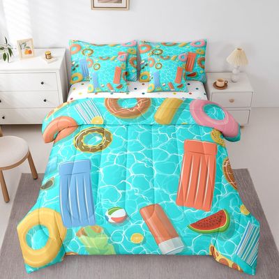 7 Pcs Swimming Pool Bedding Sets Cartoon Colorful Swimming Rings Comforter Set for Kids Teens Adults All Season (Comforter Flat Sheet Fitted Sheet 2 Pillowcases 2 Throw Pillow Covers) Queen