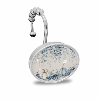 Thanksgiving Shower Curtain Hooks, Harvest Pumpkin Blue Eucalyptus Leaf 12PCS Shower Curtain Hooks Rings for Bathroom Stainless Steel Rust Shower Curtain Hangers